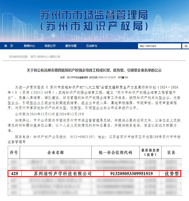 清聽聲學(xué)憑借卓越的知識(shí)產(chǎn)權(quán)管理與創(chuàng)新能力，成功入選“優(yōu)勢(shì)型企業(yè)”。