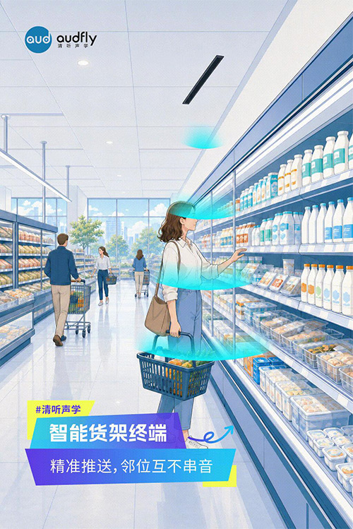 清聽聲學定向發聲技術應用于智能貨架終端，實現商品語音精準導購，互不串音