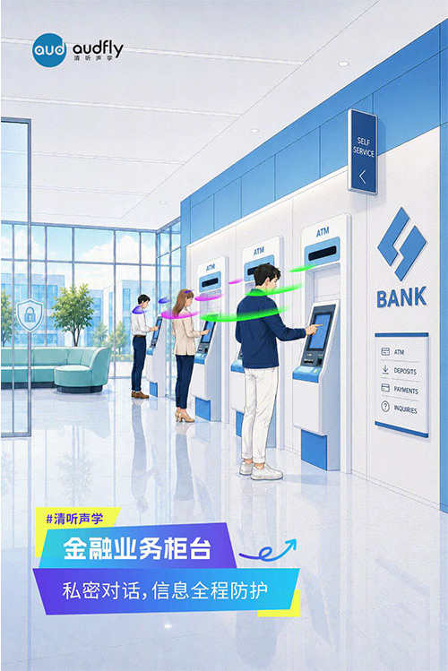 清聽聲學定向發聲技術應用于銀行金融柜臺，實現一對一精準傳音，保障業務交流隱私